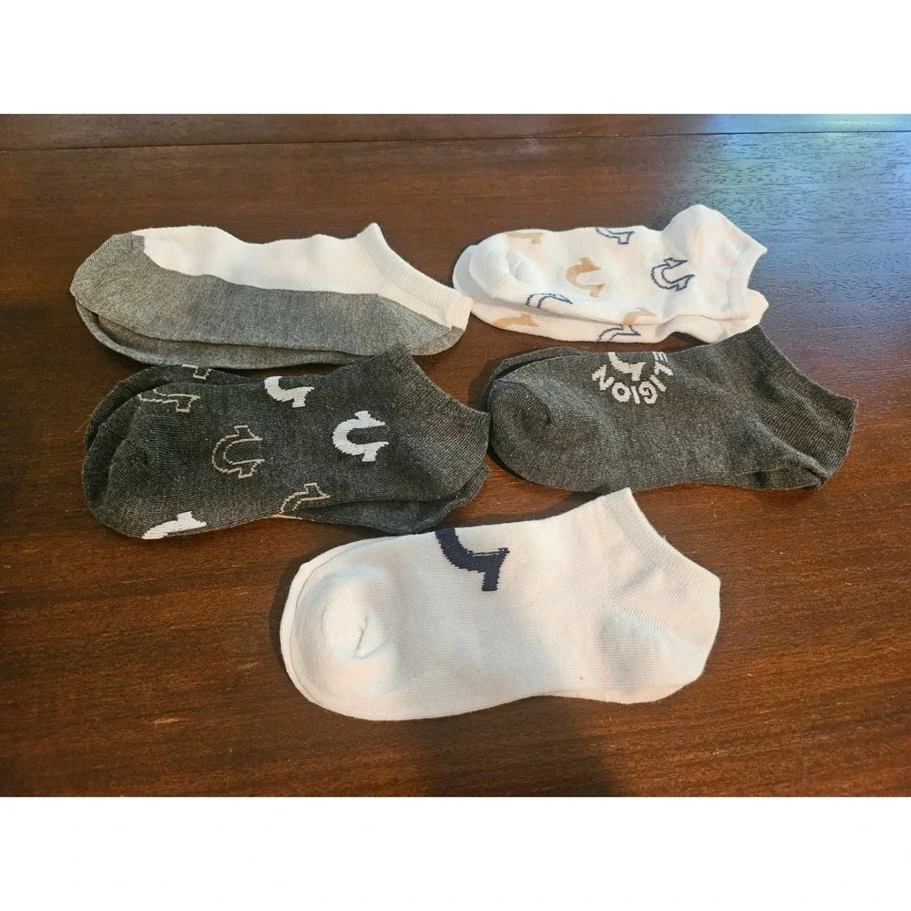 True Religion Ankle Socks Womens OS White Grey Logo Low Cut 5 Pair Pack